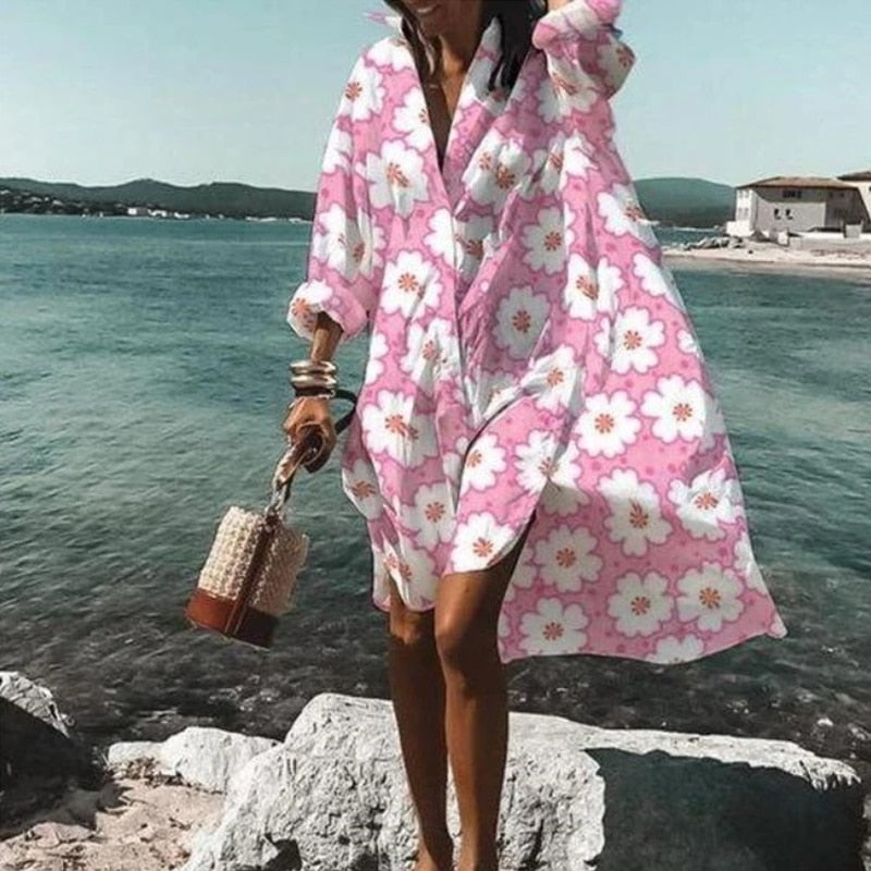 Vestidos de verano 2021 para mujer, vestido informal con estampado de cuello vuelto, camisa de manga larga, vestido holgado de gran tamaño para fiesta en la playa, bata, blusa