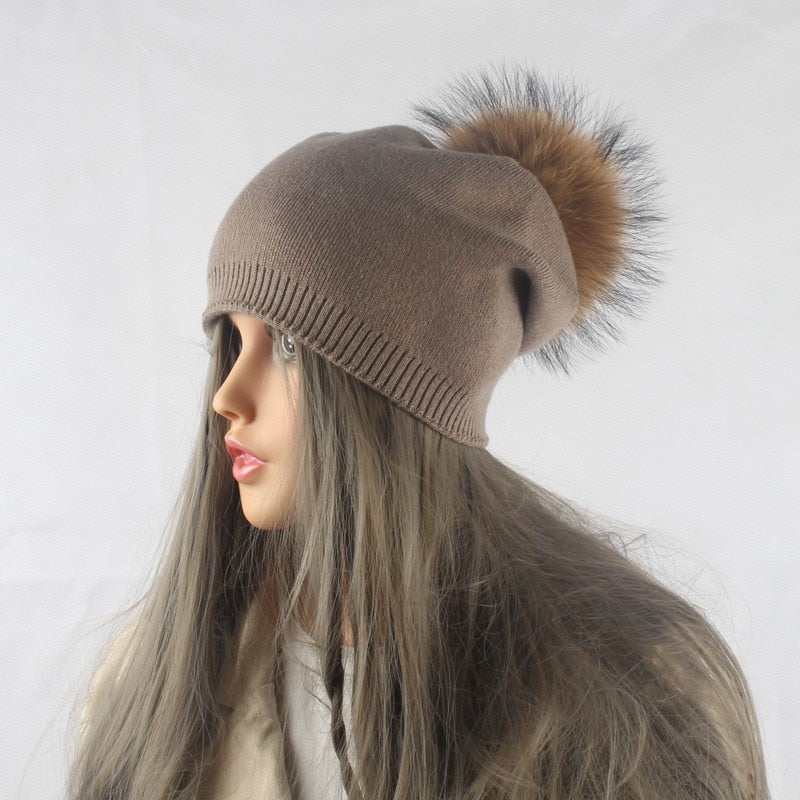 Gorro con pompón para otoño e invierno, gorros tejidos de lana para mujer, gorros informales de Cachemira para mujer, gorro con pompón de piel de mapache Real