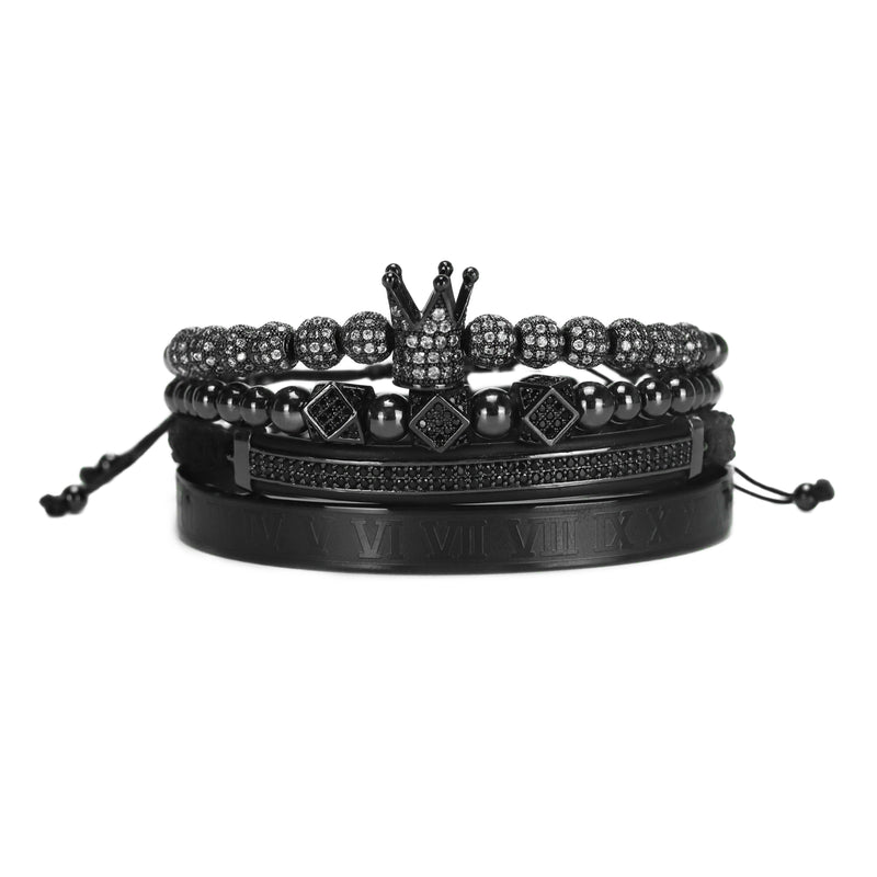 4pcs/set Luxury Stainless Steel Beads Royal King Crown Men Bracelet CZ Roman Bracelets &amp; Bangles Keep Color Rock Punk Jewellery