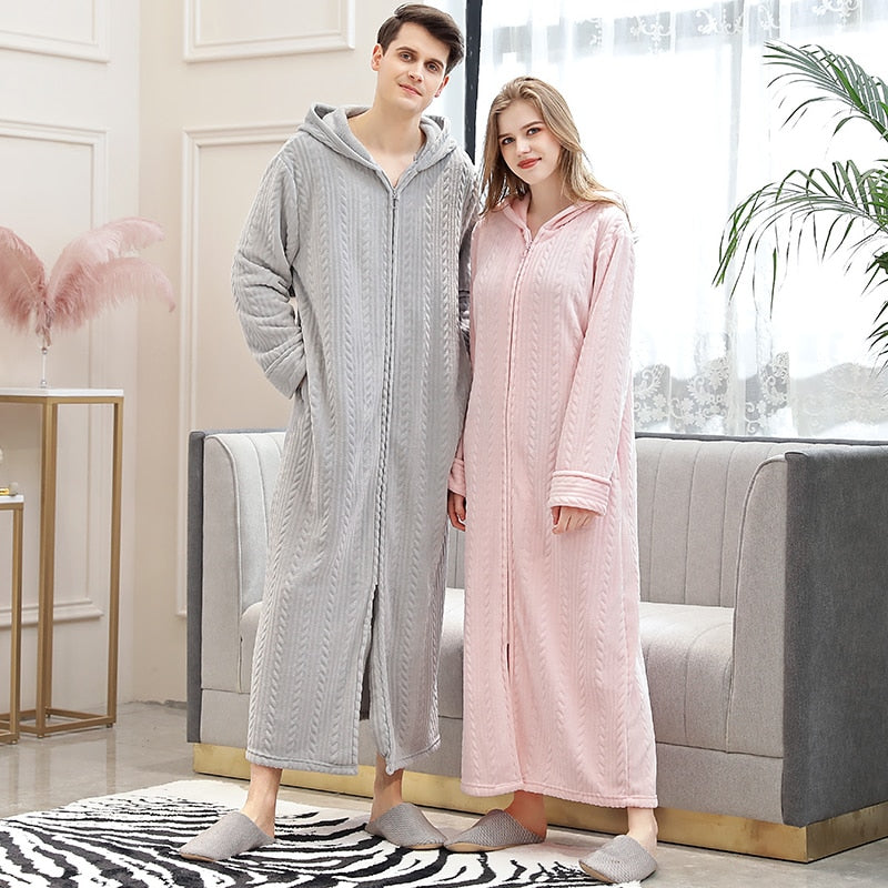 Women Winter Plus Size Long Warm Flannel Hooded Bathrobe 40-110KG Zipper Bath Robe Pregnant Night Dressing Gown Men Sleepwear