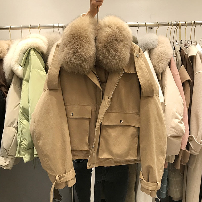 Janveny Real Fox Fur Women's Down Jacket 2021 Short Loose 90% White Duck Down Coat Fashion Female Big Pocket Puffer Snow Outwear