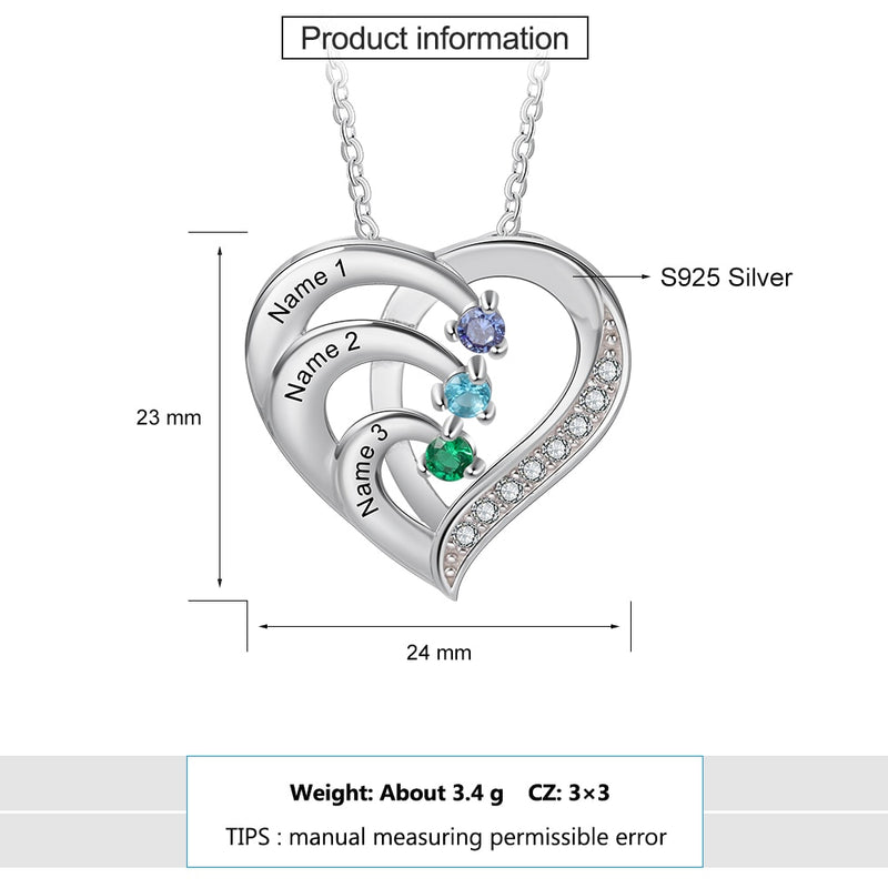 Collares de plata de ley 925 de JewelOra con nombre de familia personalizado, collares de corazón para mujer, collar de madre con grabado de piedra de nacimiento personalizado