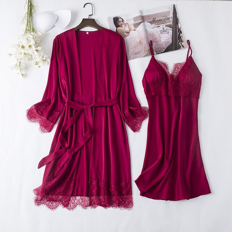 Satin Lady Robes Suit Sexy Kimono Bathrobe Gown Full Slip Lace Nightwear With Strap Nightgown Lingerie Summer Sleepwear With Bow