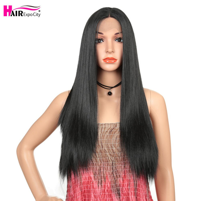 26" Long Straight Wig Synthetic Lace Wigs For Black Women Heat Resistant Nature Black Middle Part Hair Expo City