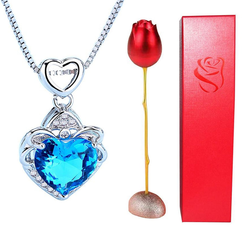 Conjunto de collar de amor eterno con soporte de rosa, colgante de circón rombo romántico con regalos inmortales para el Día de San Valentín