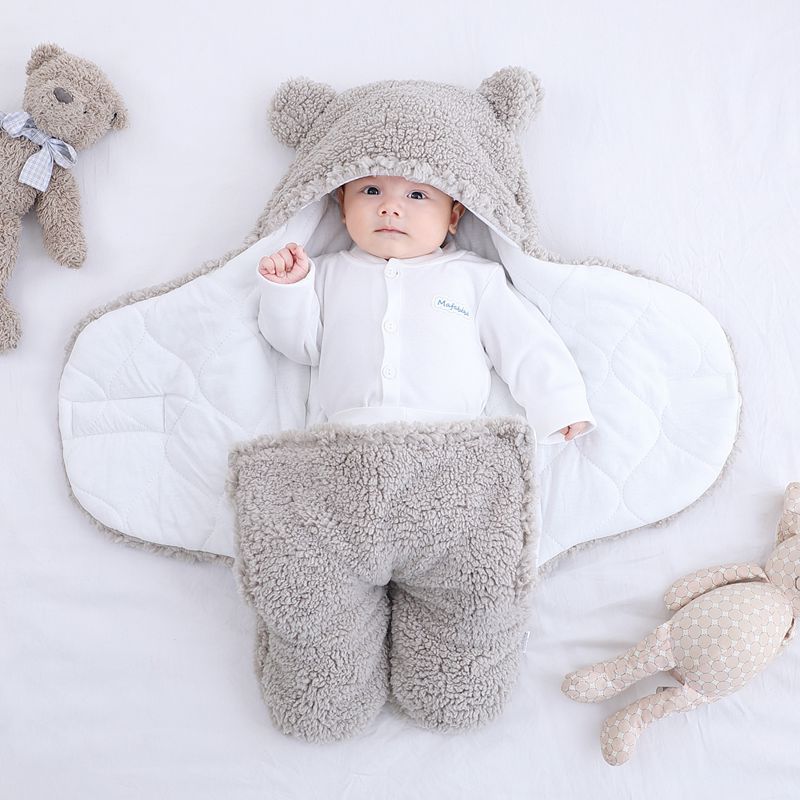 Infant Bat-Style Wrapped Velcro Sleep Sack Baby Winter Fleece Sleeping Bag Newborn Swaddle Blanket Bear Modeling Pajamas 1-3M