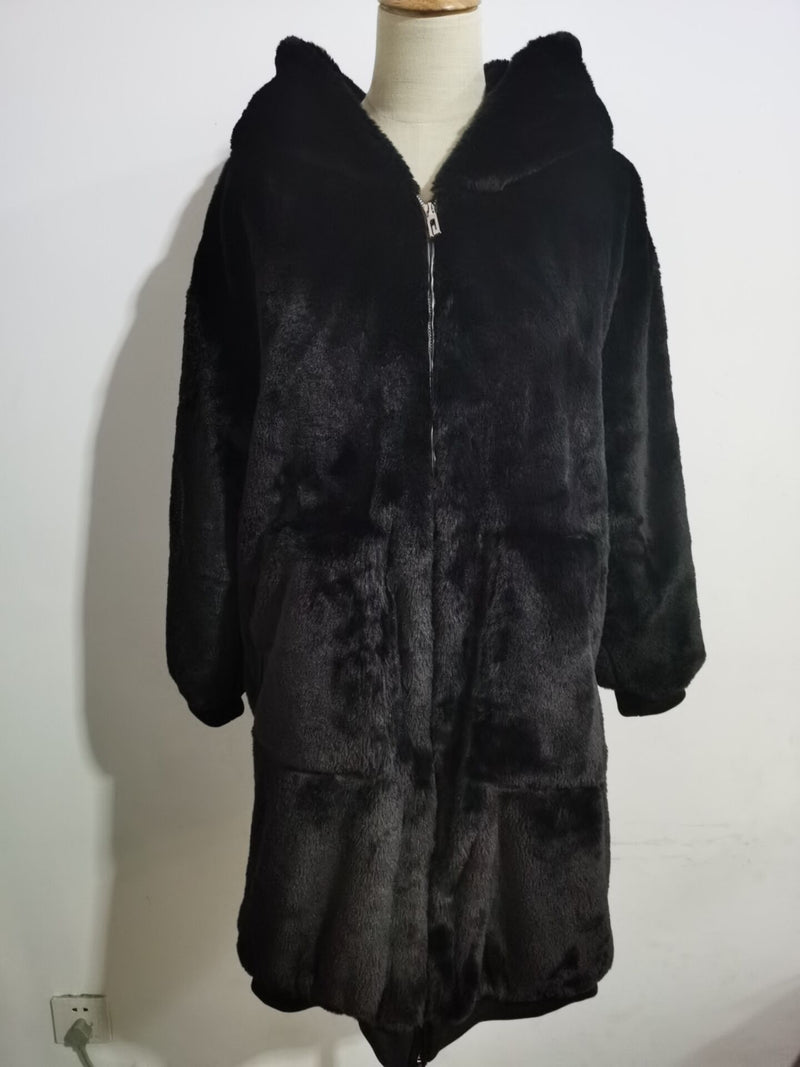 Abrigo de piel sintética de color sólido largo con capucha de invierno, chaqueta de piel de manga larga informal para mujer, prendas de vestir sueltas