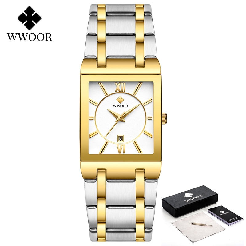 WWOOR Watch For Men Top Brand Luxury Gold Square Wrist Watch Men Business Quartz Steel Strap Waterproof Watch Reloj Hombre 2021