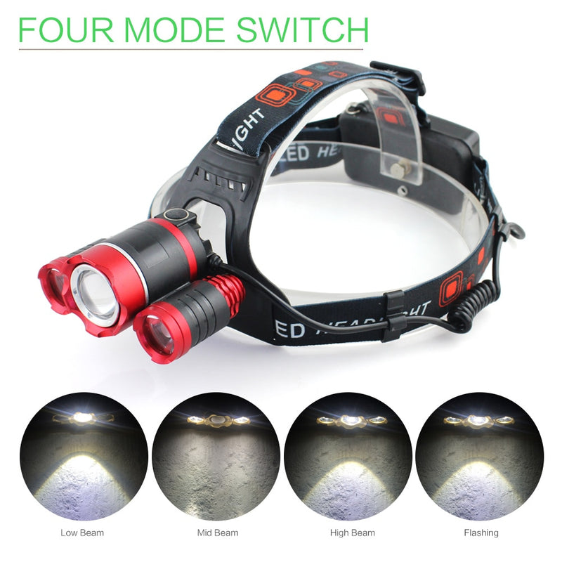 3 Led Headlamp Rechargeable XM-L T6 Headlight light Lantern Head Lamp Flashlight zoomable 18650 Battery Hunting fishing lighting