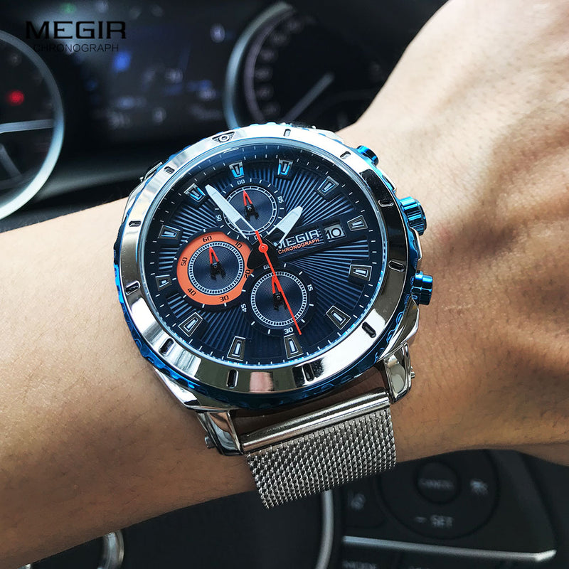 Relojes Megir para hombre 2020, correa de malla de lujo, reloj de cuarzo de negocios para hombre, relojes de pulsera deportivos militares resistentes al agua de la mejor marca, cara azul