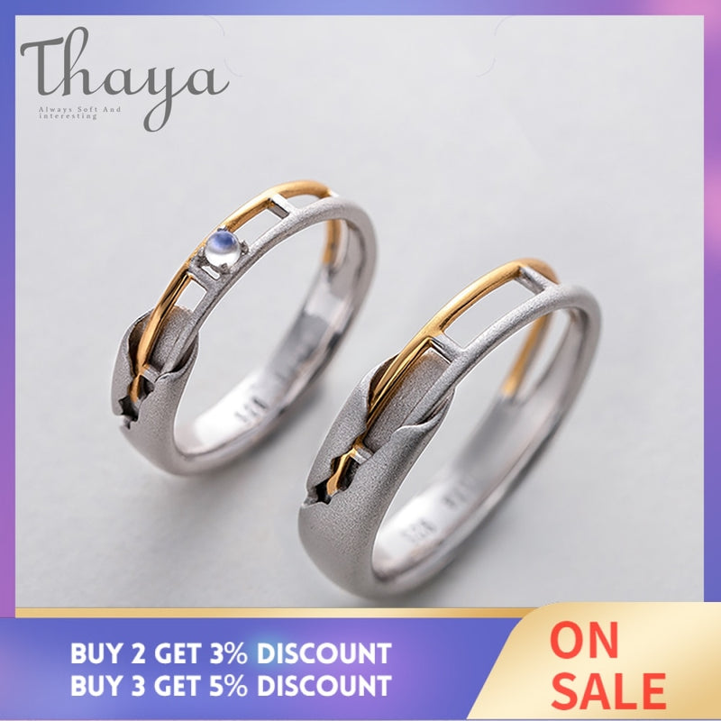 Thaya Zugschiene Design Mondstein Liebhaber Ringe Gold und Hohl 925 Silber Eleganter Schmuck für Frauen Edelstein Süßes Geschenk