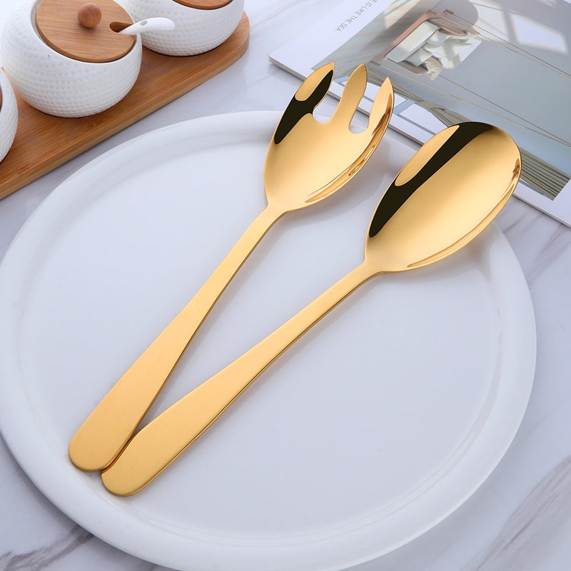 Gold Kitchen 304 Stainless Steel Spoon Set 12 Inch Large Salad Serving Spoon Fork Dinning Server Cutlery Steel Utensils