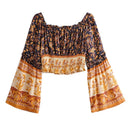 Nuevo bohemio fruncido elástico Slash cuello estampado floral pulóver camisa marrón 2019 mujeres marea arco cintura elástica pantalones 2 piezas conjunto