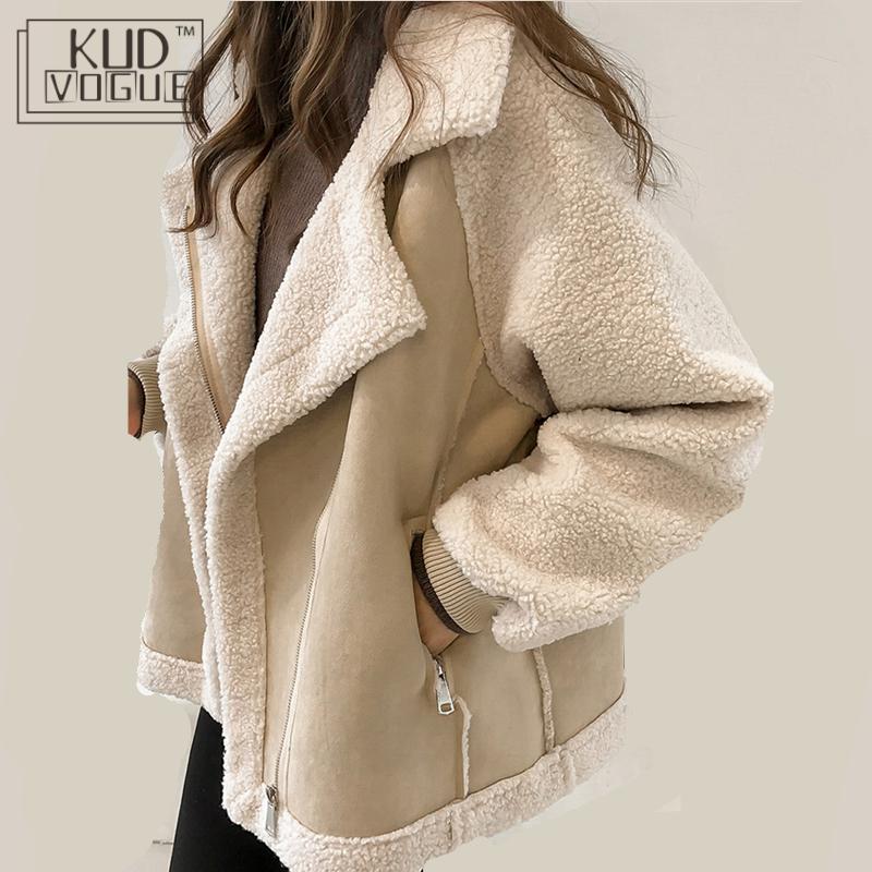 Chaqueta de peluche de gran tamaño de invierno para mujer, abrigos elegantes con cuello de piel de gamuza sintética, chaquetas de motociclista de aviador, abrigo de lana de cordero para mujer, novedad