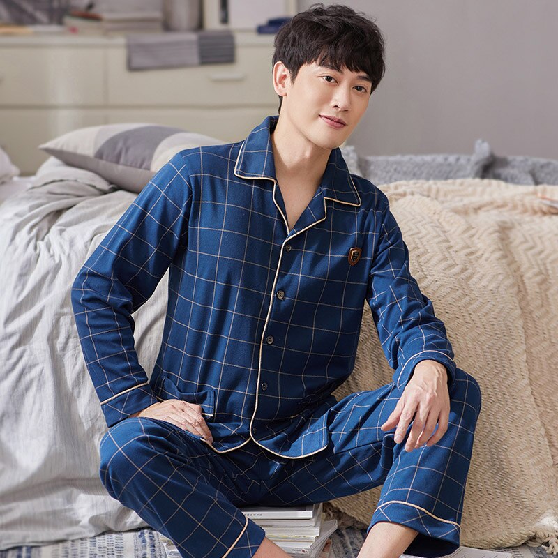 Pijama 100% de algodón para hombre, 2 piezas, ropa de dormir de salón, pijama a cuadros, ropa de cama de otoño, ropa de casa, conjunto de pijama de algodón puro para hombre