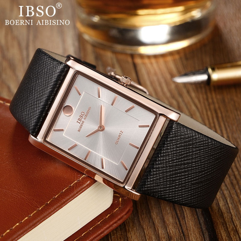 IBSO Ultra-Thin Rectangle Dial Men Watches Soft Leather Strap Quartz Wristwatch Classic Business Watch Men Relogio Masculino