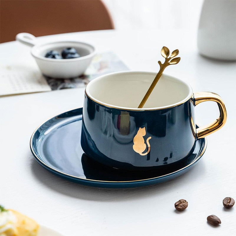 MDZF SWEETHOME 225ml Nordic Style Animal Coffee Cup With Dish Spoon Gold Handle Breakfast Milk Juice Mug Gift For Birthday