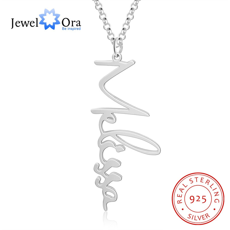 JewelOra 925 Sterling Silver Personalized Vertical Cursive Nameplate Necklaces &amp; Pendants Customize Name Necklaces for Women