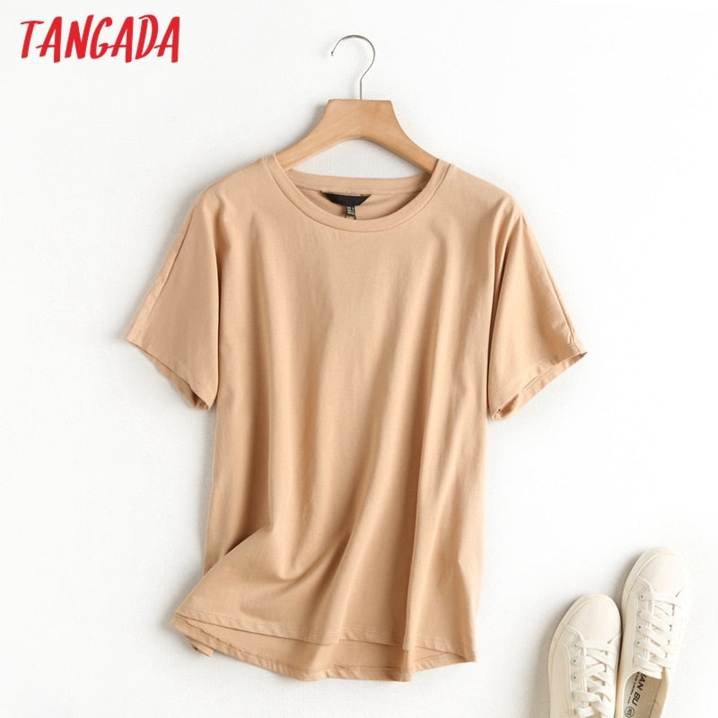 Tangada 2022 Frauen Khaki Basic Baumwolle T-Shirt Kurzarm O Hals T-Shirts Damen Casual T-Shirt Street Wear Top 6D5