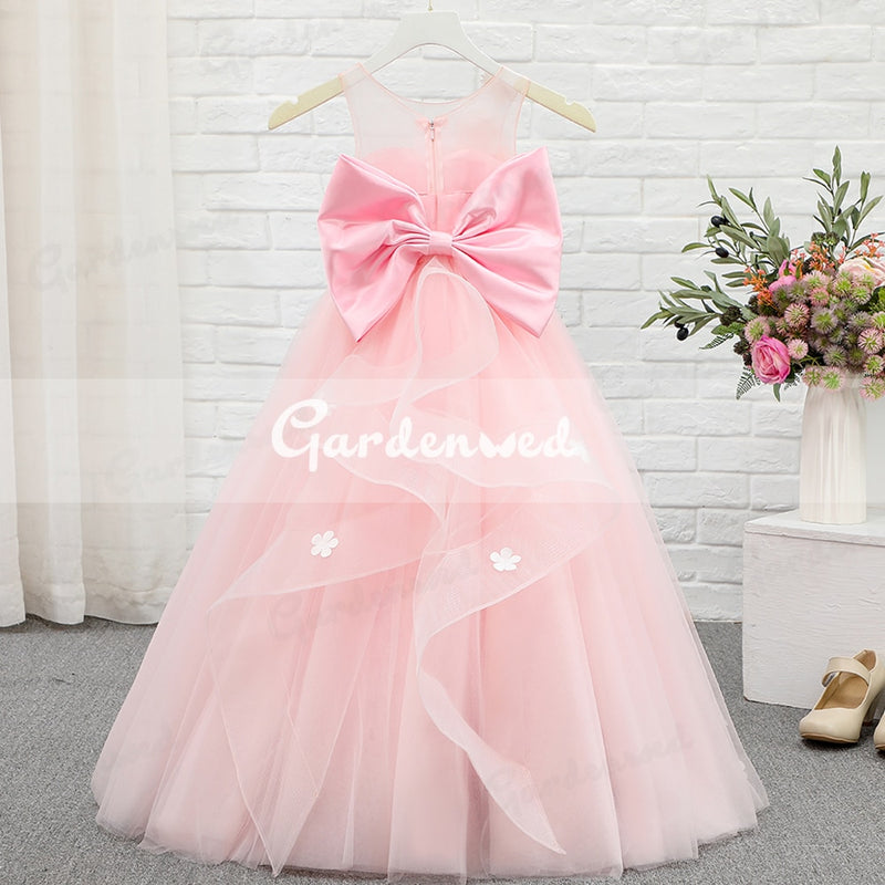 Puffy Pink Girl Ball Gown Dresses Tulle Flower Baby Baptism First Communion Dress Bow Knot Floweer Girl Dress Girl Wedding Dress