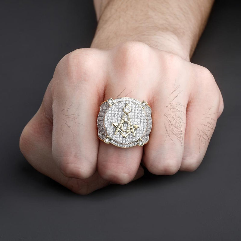 TOPGRILLZ Hip Hop Gold Color Plated Brass Iced Out Micro Pave Cubic Zircon Masonic Ring Charm For Men Gifts With 7 8 9 10 11