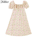Nibber Y2k French Romance Retro low cut Dresses Women Floral Print lace up Puff Sleeve Side Slit Midi Dress Vacation Beachwear