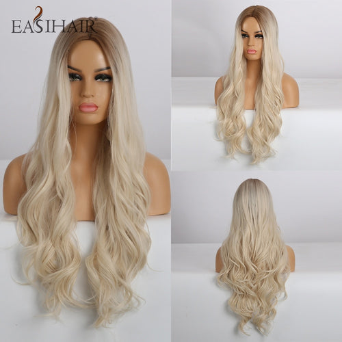 EASIHAIR Long Wavy Blonde Ombre Wigs High Density Synthetic Wigs for Women Cosplay Wigs Brown Heat Resistant Natural Hair Wig
