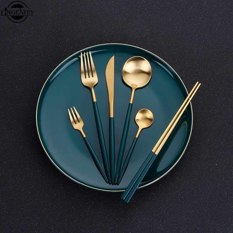 4 Stücke Edelstahl Grün Gold Besteck Essstäbchen Buttermesser Dessertlöffel Abendessen Gabel Teelöffel Geschirr Set