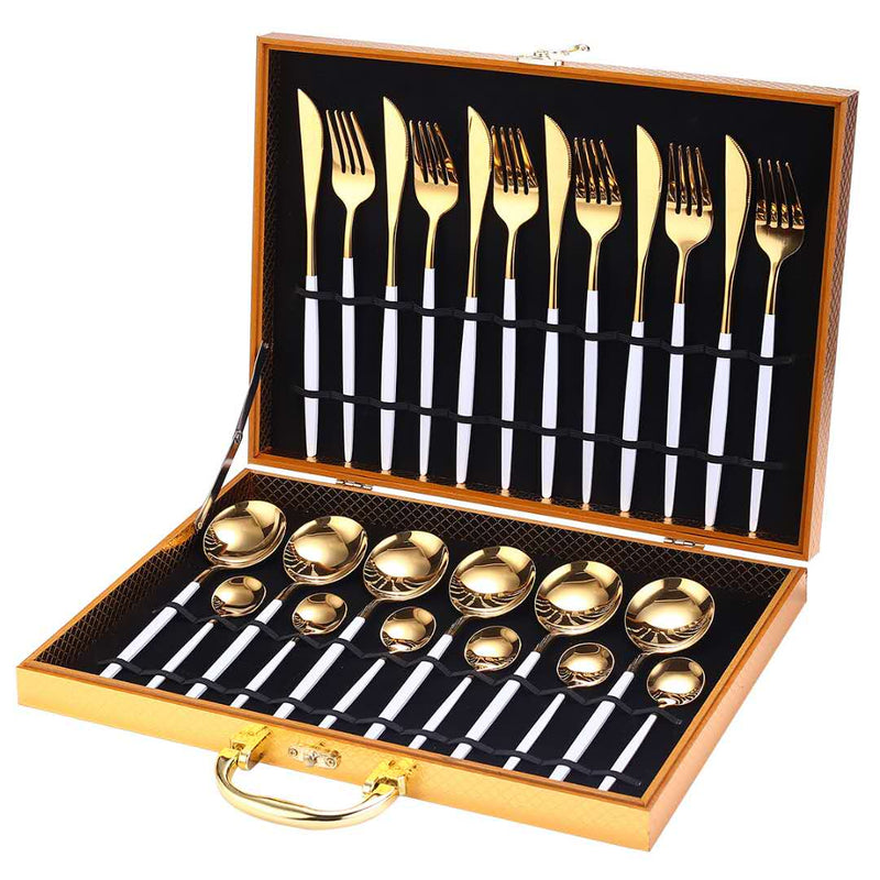 24-teiliges Gold-Geschirr-Set, Edelstahl-Geschirr-Set, Messer, Gabel, Löffel, Luxus-Besteck, Geschenkbox, Besteck, spülmaschinenfest