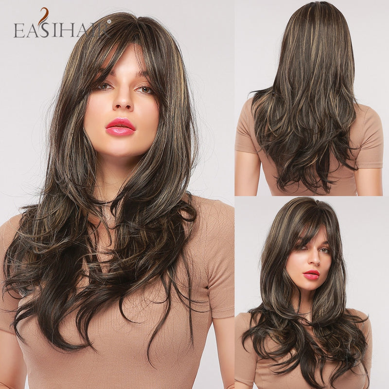 EASIHAIR Long Wavy Brown Synthetic Wigs With Blonde Highlights Cosplay Natural Hair Wigs High Temperature Fiber For Black Women