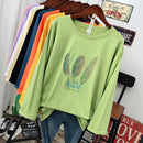 Spring and autumn Fashion street Casual Women Long sleeve T-shirt loose 100% cotton Soft Pullovers Harajuku Feather print Tops