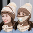 3 unids/set sombreros de invierno para mujeres con máscara de respiración 2 en 1 sombrero de punto niña pompones sombrero cálido añadir piel forrada sombrero de invierno protector