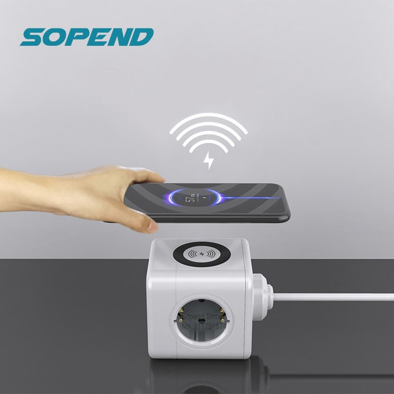 Sopend Power Strip 2 USB Electric with Type C Socket Tee Powercube 15W Wireless Charger Station Eu Plug Smart Outlets 1.5m Cord