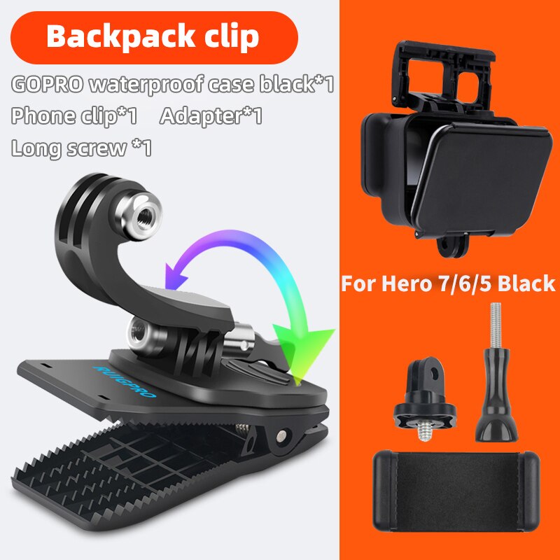 Para accesorios Go Pro, mochila con rotación de 360 ​​grados, abrazadera de Clip para GoPro Hero11 10 9 8 7 6 5Xiaomi yi para teléfono SJCAM SJ4000