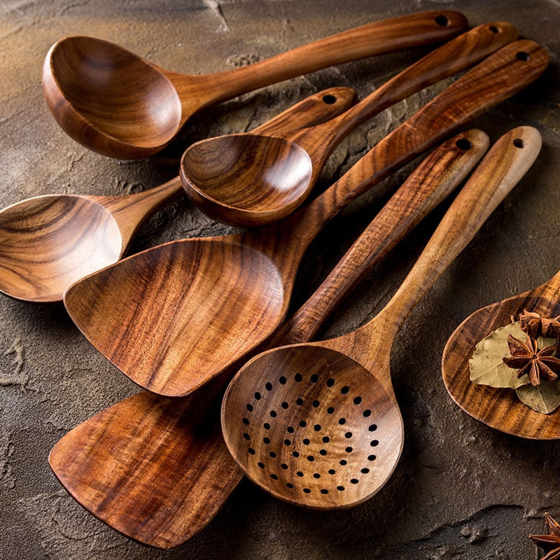 Vajilla de madera Natural de teca tailandesa, cuchara, cucharón, colador de arroz largo, espumadera para sopa, cucharas de cocina, juego de utensilios de cocina