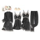 Black Sexy Women Robe Set Faux Silk Kimono Bathrobe Gown 5PCS Sleepwear Suit Hollow Out Lace Nightgown Home Wear Wedding Gift