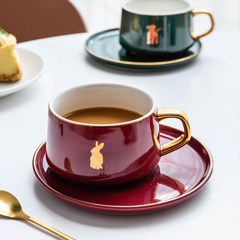 MDZF SWEETHOME 225 ml Tierische Kaffeetasse im nordischen Stil mit Tellerlöffel Goldgriff Frühstücksmilchsaftbecher Geschenk zum Geburtstag