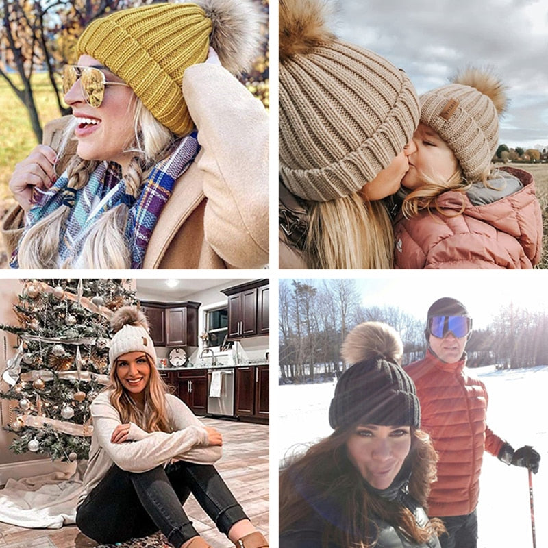 Furtalk Echtpelz Bommel Beanie Mütze Damen Winter Strickmütze Warme echte große Waschbär Pom Pom Mütze für Damen