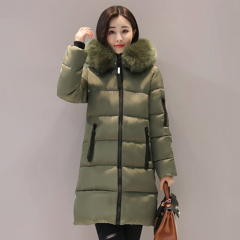 2021 nueva chaqueta de invierno larga holgada con capucha para mujer con cuello de piel parka gruesa cálida acolchada de algodón abrigo de moda para mujer parkas