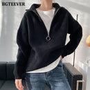 BGTEEVER Autumn Winter Zipper Turtleneck Sweaters Women Casual Thick Long Pullover Jumpers Female Loose Knitting Tops 2021
