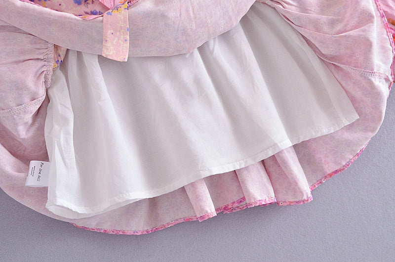 2021 CHIC Patchwork Blumendruck Laternenärmel Kleid Vintage Rüschen Plissee Taille Rüschen Saum Frauen Urlaubskleider Vestido
