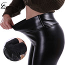 CHRLEISURE Women Winter Leather Pants Warm Velvet Pant High Waist Trousers Women Thick Stretch Pantalon Femme