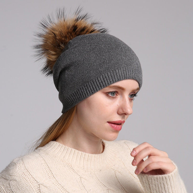 Gorro con pompón para otoño e invierno, gorros tejidos de lana para mujer, gorros informales de Cachemira para mujer, gorro con pompón de piel de mapache Real