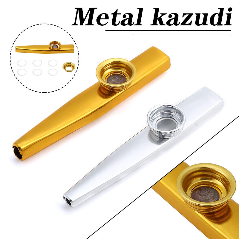 Armónica de flauta de boca Kazoo de Metal dorado y plateado con 6 diafragmas de flauta Kazoo para principiantes, instrumento Musical de fiesta para niños y adultos, 1 ud.