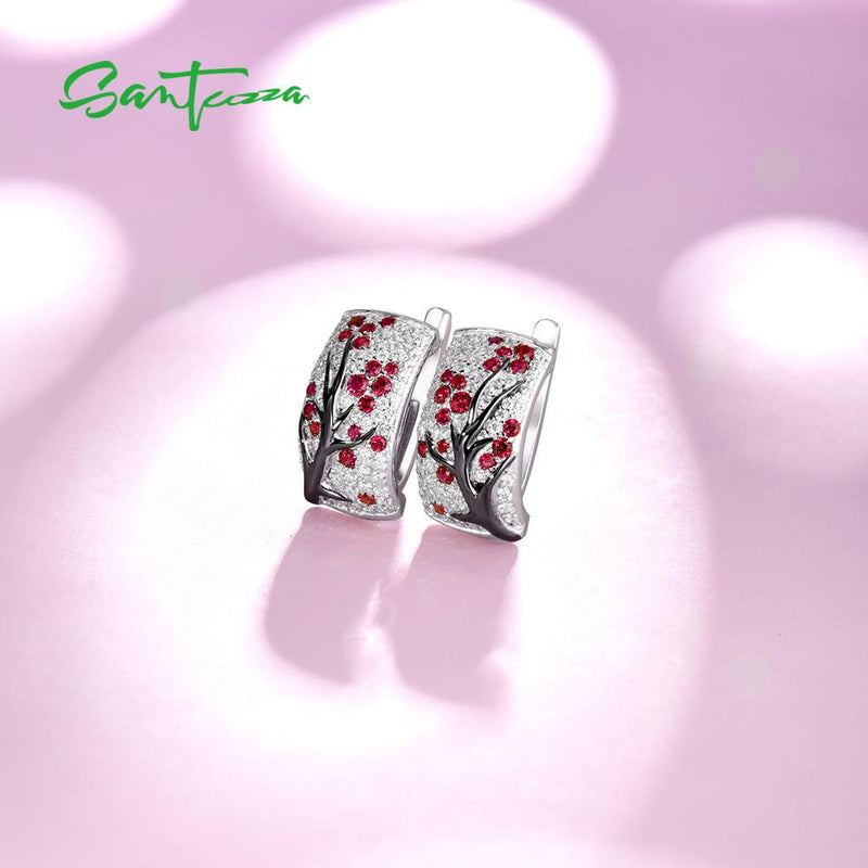 SANTUZZA Silver Earrings For Women Pure 925 Sterling Silver Pink Green Cherry Sparkling Cubic Zirconia brincos  Fashion Jewelry