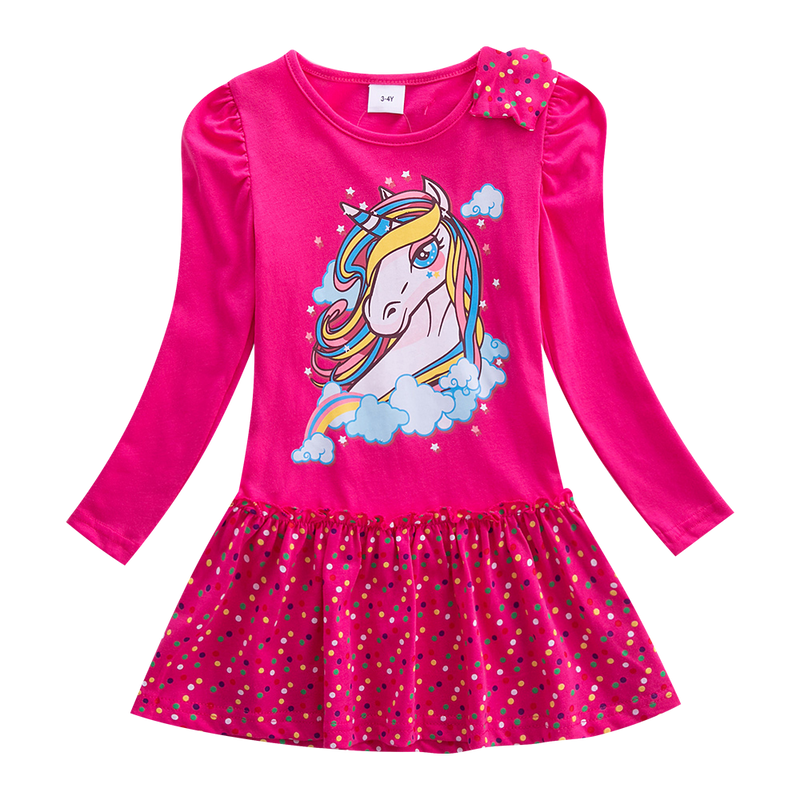 Girls Long Sleeve Star Embroidered Dress Girls Autumn New Style Two Pocket Rainbow Striped Sleeve Cotton Dress LH5809