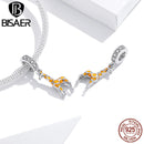 BISAER Animal Giraffe Dangle Charm 925 Sterling Silver Enamel CZ Beads Pendant DIY Original Bracelets Necklace Jewelry EFC258
