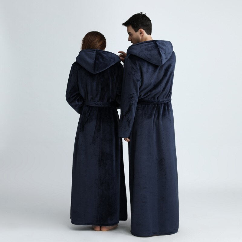 Women Men Winter Plus Size Flannel Robe Extra Long Hooded Warm Bathrobe Lovers Thick Kimono Bath Robe Male Dressing Gown Robes