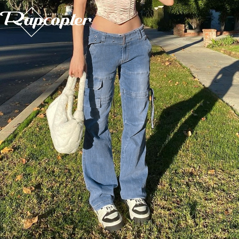 Rapcopter y2k Jeans Retro Schärpen Jeanshose Geraffte Kordelzug Cargohose Damen Große Taschen Hose Damen Streetwear Jeans 90er Jahre