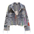 2022 Spring Autumn New Women Street Fashion Graffiti Denim Jacket Female Personality Short Raw Cut Rivet Jacket Fringe Jean Coat